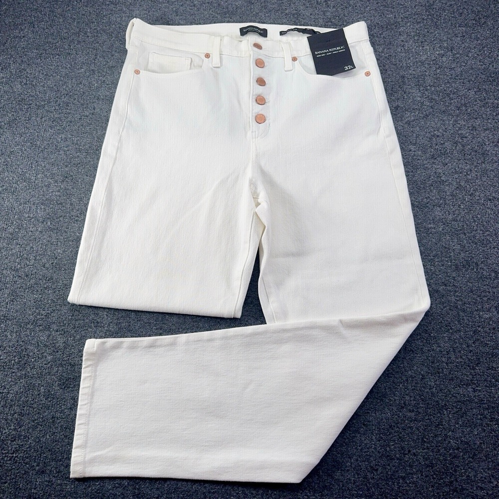 Banana Republic Button Fly High Rise Slim White Jeans Women 32L $110 Retail NWT